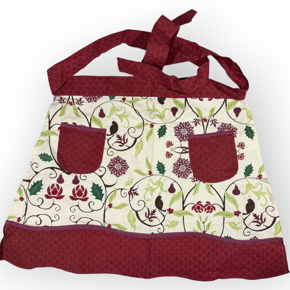 Now Designs Burgundy Christmas Partridge Bird Pear Cotton Half Apron Pockets - Picture 2 of 8